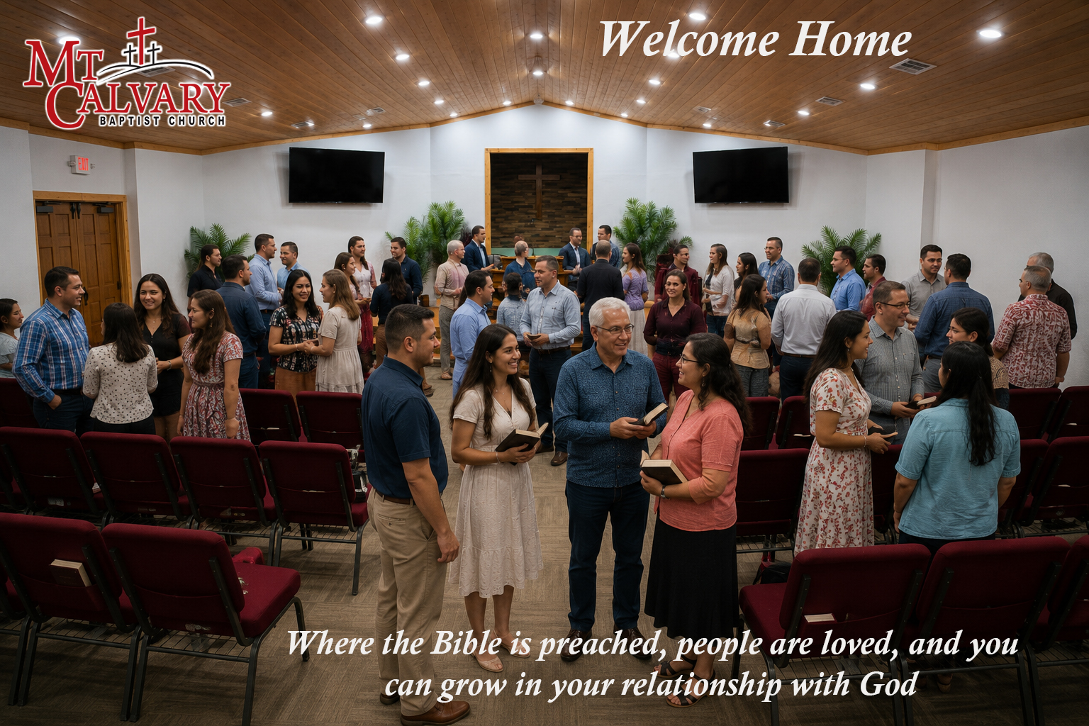 The Mt. Calvary Baptist Church family fellowshipping together after a Sunday service — Welcome Home